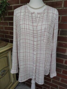 Calvin Klein Jeans Pink White Windowpane Grid Plaid Popover Blouse S